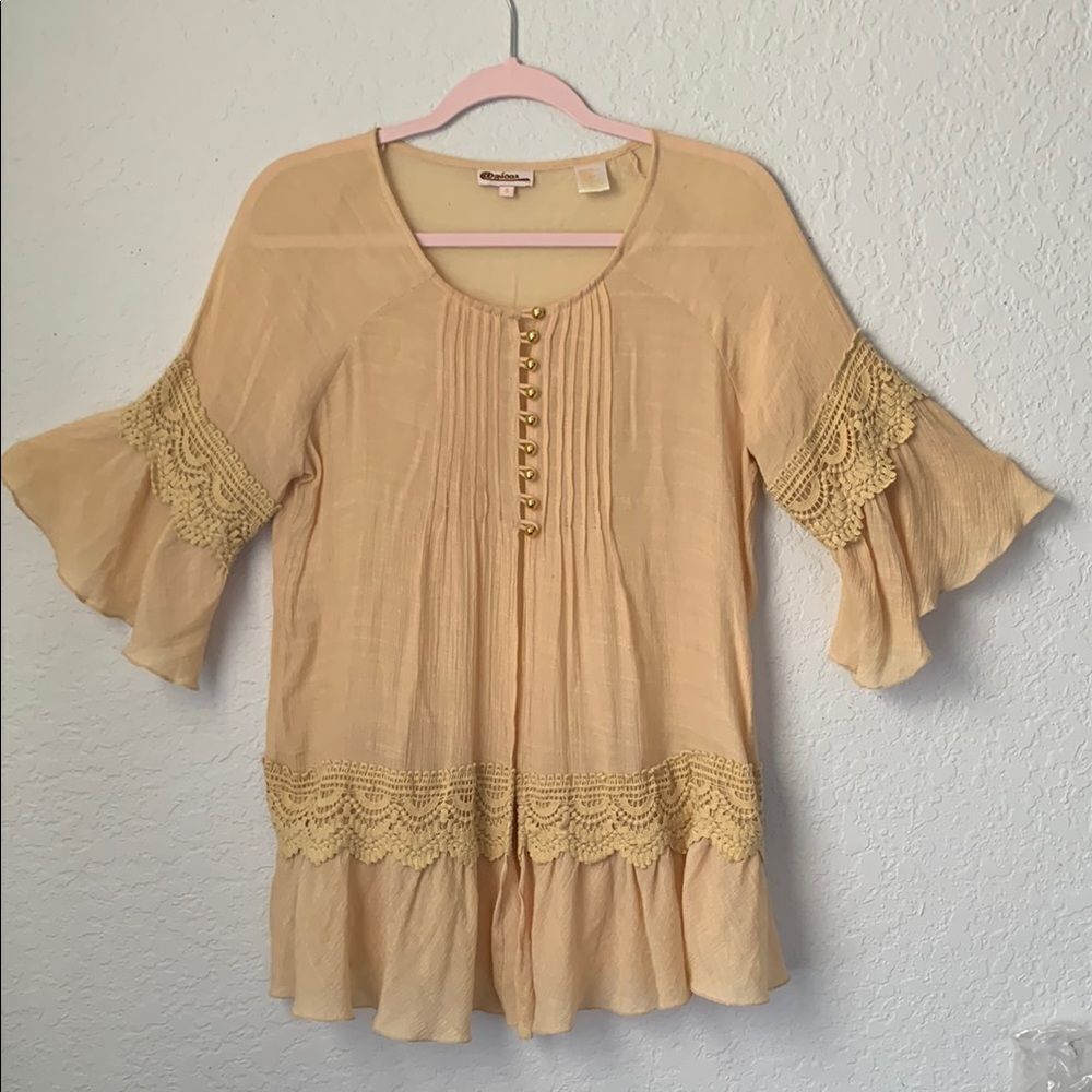 Women's Cream Blouse Tunic with Lace Details Button Accents Size S